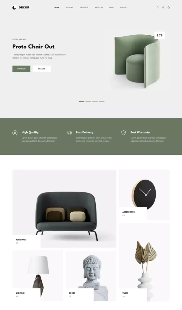 a wordpress website developed for home decoration items store using the Blocksy theme.