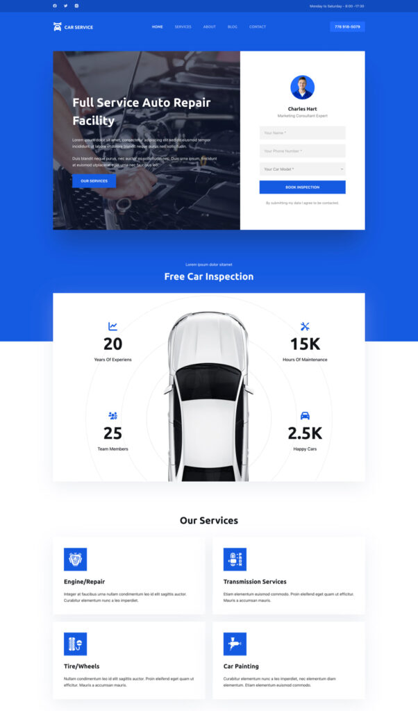 a wordpress website developed for car service business using the Blocksy theme.