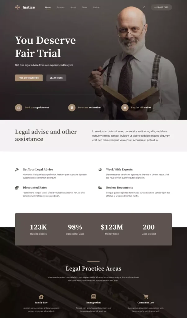 a wordpress website developed for justice services using the Blocksy theme.