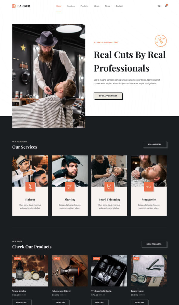 a wordpress website developed for barber shop using the Blocksy theme.