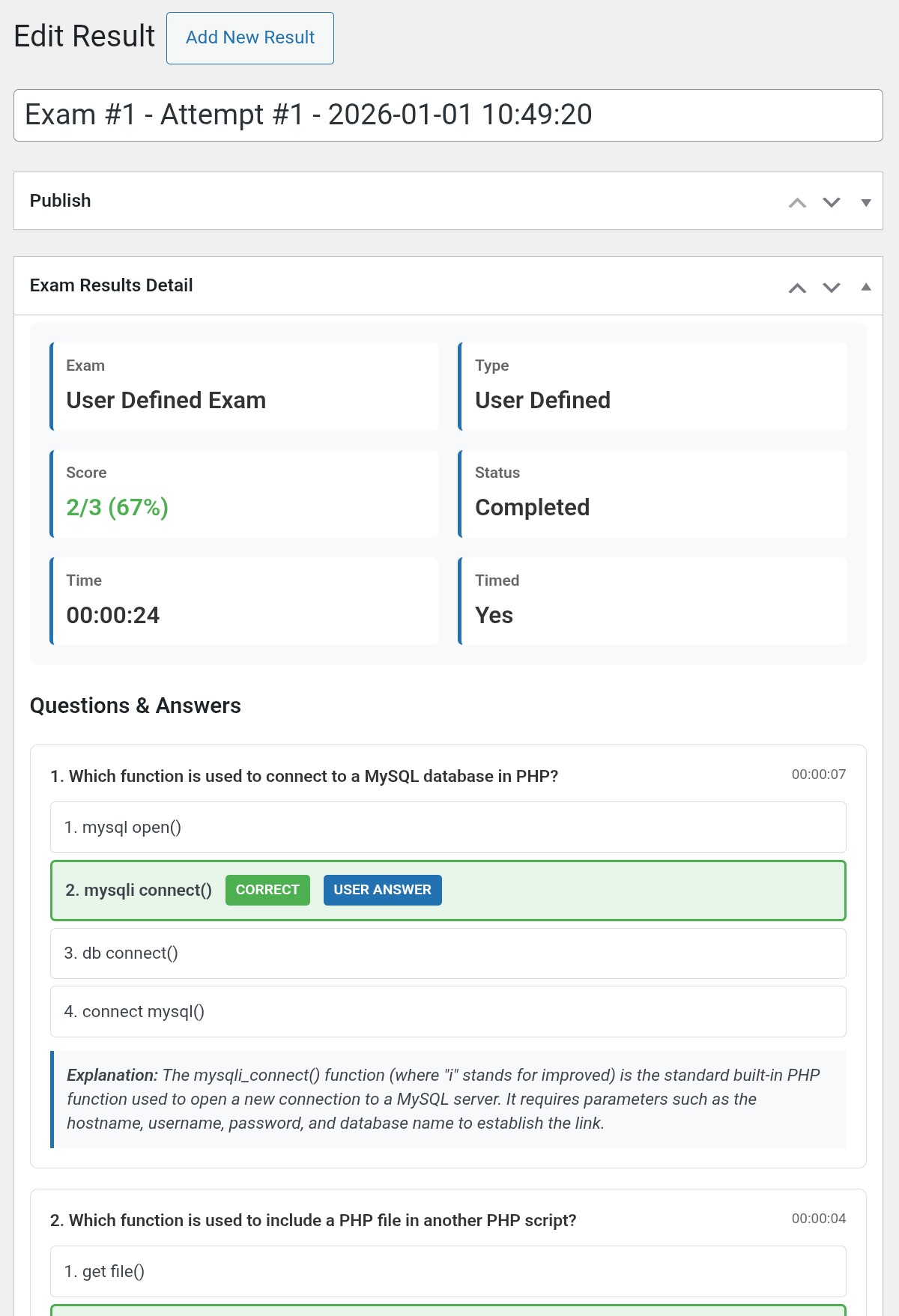 WPExams Demo - Results Editor View