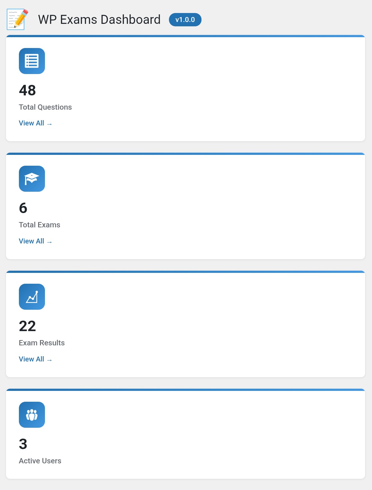 WPExams demo of dashboard page
