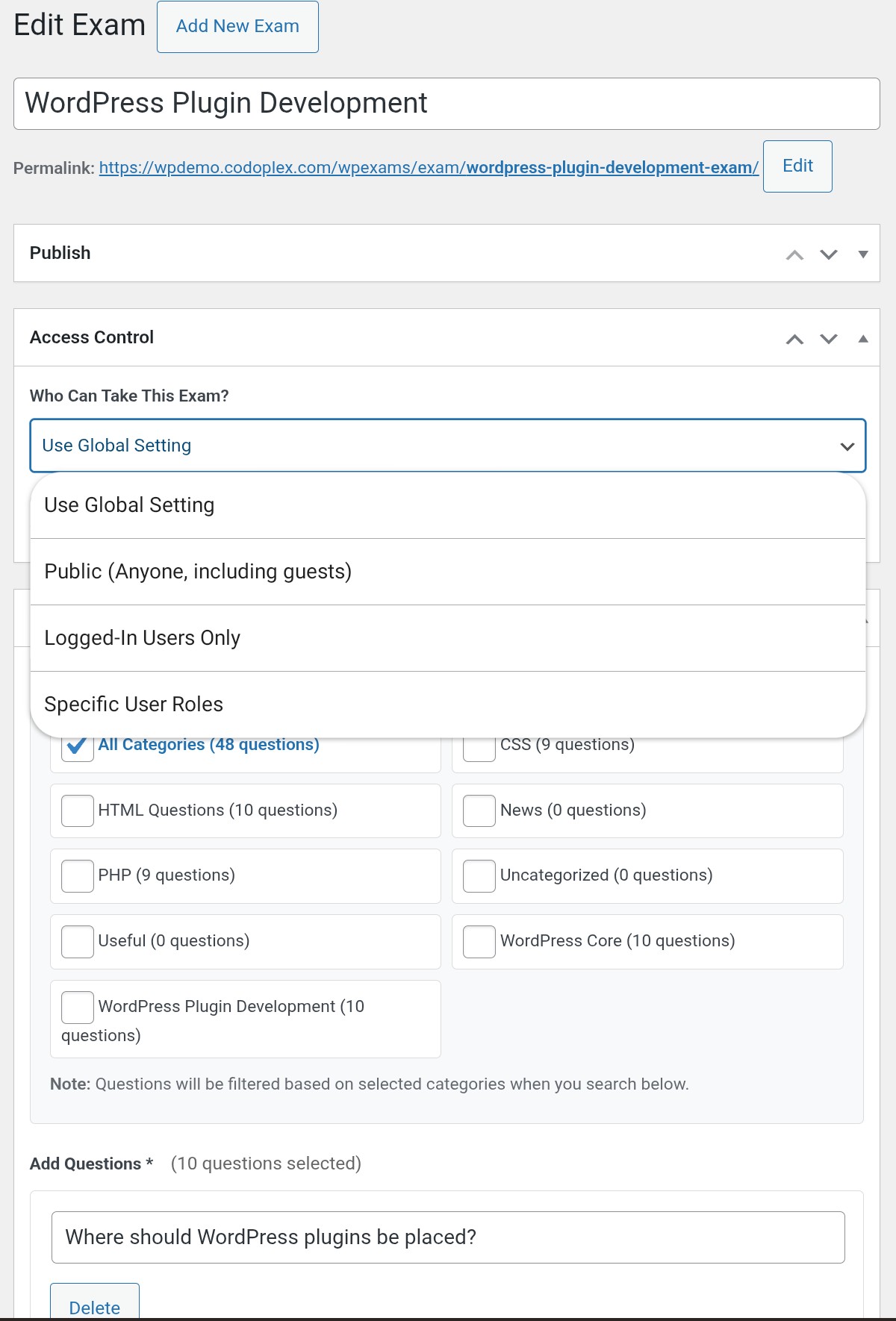 WPExams Demo - Exam Editor with Access Controls